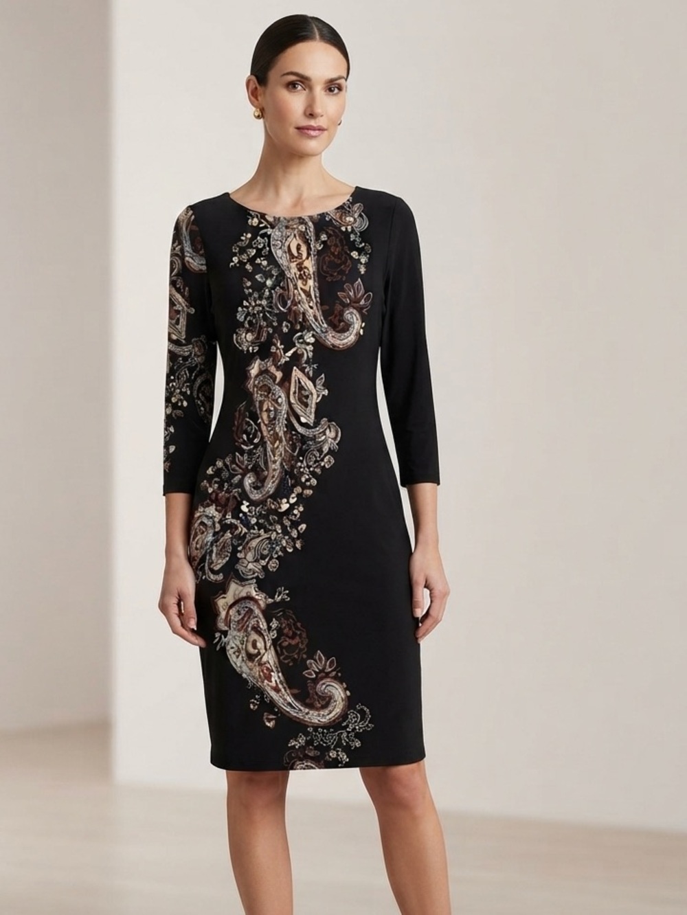 Joseph Ribkoff Black Paisley-Print Sheath Dress